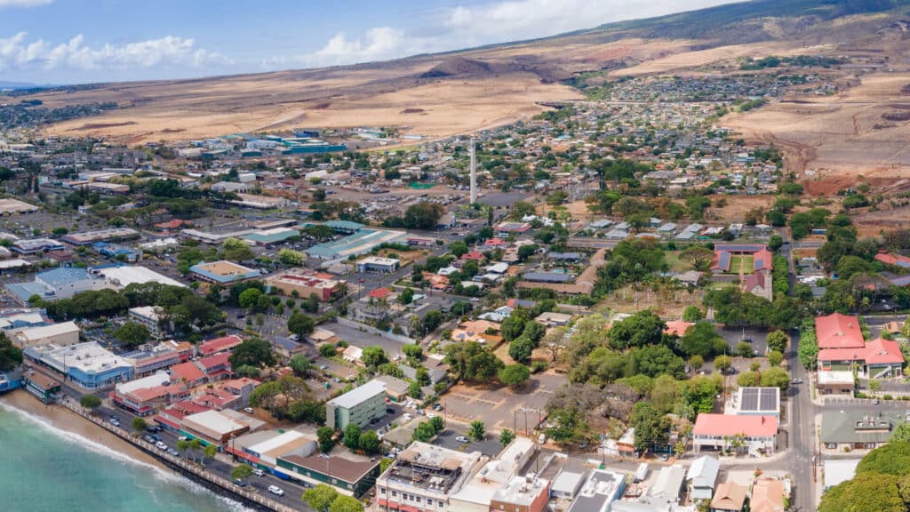 Unique panoramic perspective of old Lahaina town in Maui, Hawaii