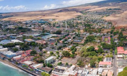 Unique panoramic perspective of old Lahaina town in Maui, Hawaii